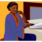 Afro-American lady reading a book at a table vector clip art