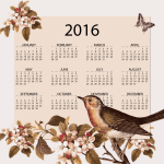 Calendar 2016 with vintage birds and flowers