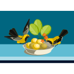 Vector illustration of two small birds eating out of a dish