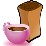 Vector image of pink cup of coffee with sack of coffee beans