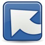 Blue and white illustration of upload icon