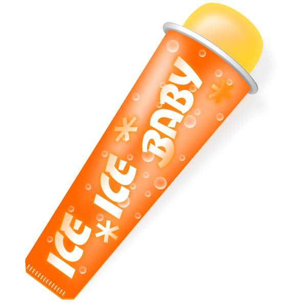 Vector drawing of yellow shaded popsicle in orange packaging with the words: "ice ice baby" on it.