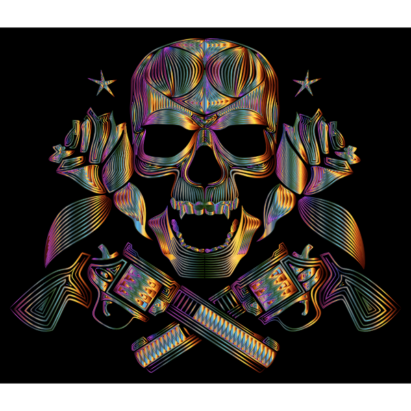 Flowers And Firearms Skull Line Art Chromatic | Free SVG