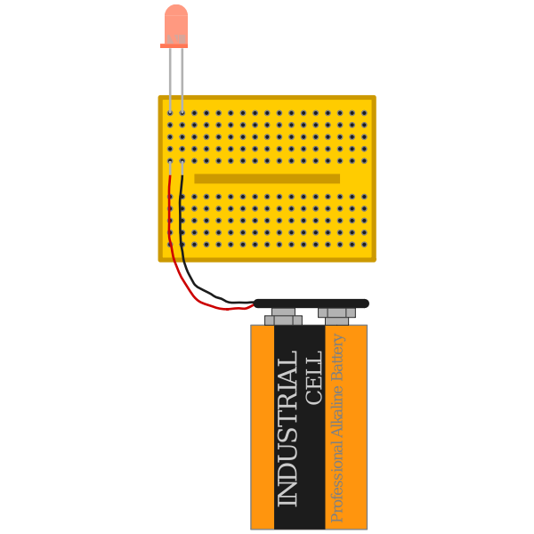 red led with 9 V battery connected via breadboard