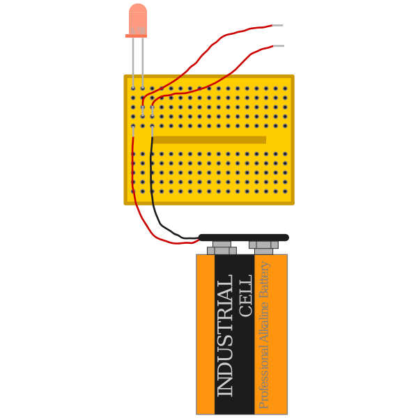 red led with 9 V battery connected via breadboard with open terminals