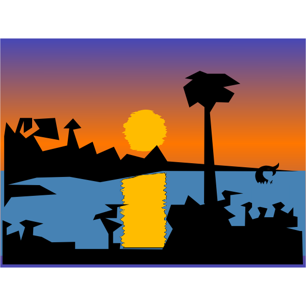 Sunset with the sun, solar road, silhouettes, water and mermaid