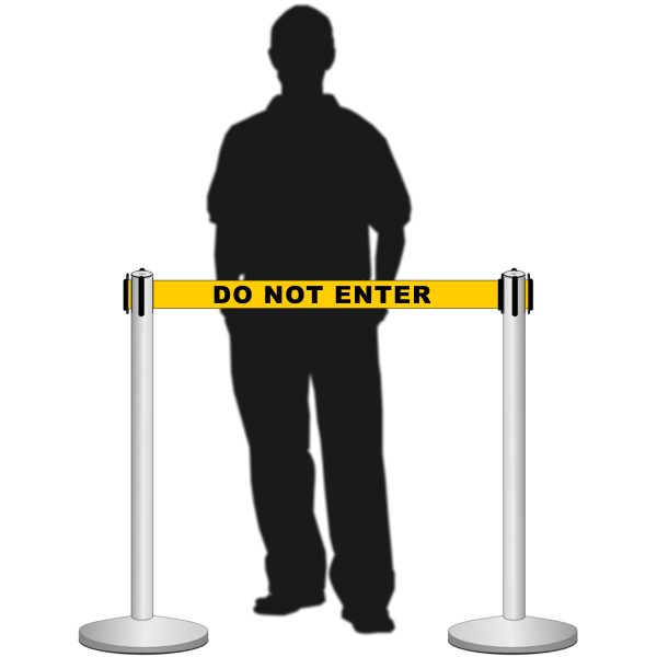 Retractable belt stanchion / airport barrier with a man