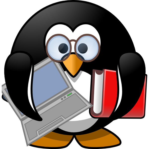 Penguin with textbook and laptop