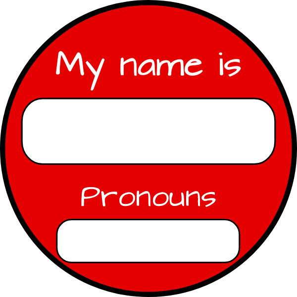 name and pronouns red sticker round