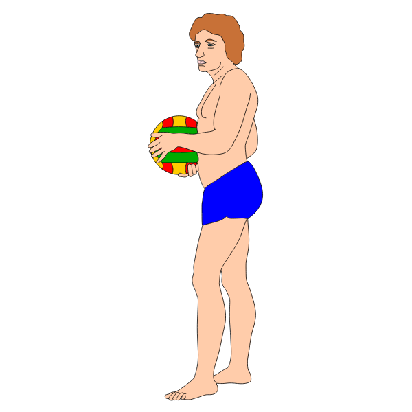 A man stands on the beach, holding a ball in his hand