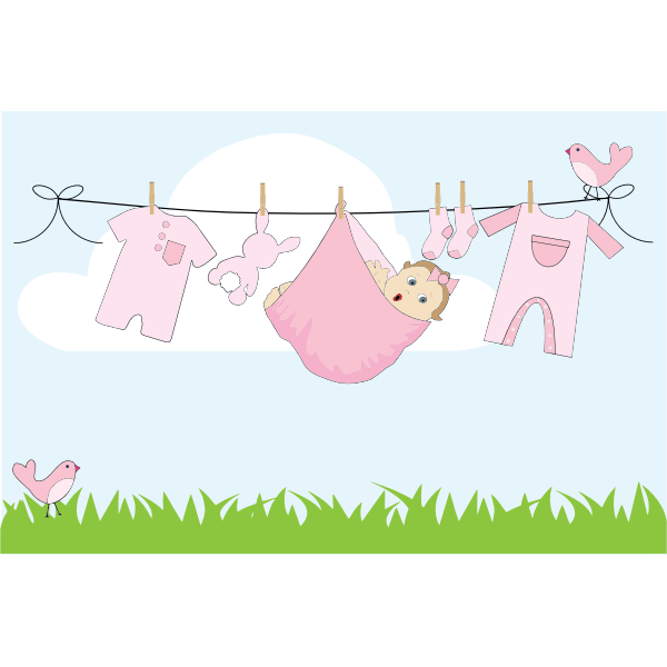 Cartoon baby girl hanging on clothesline Outside