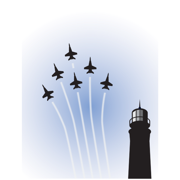 Vector drawing of military planes on show over lighthouse