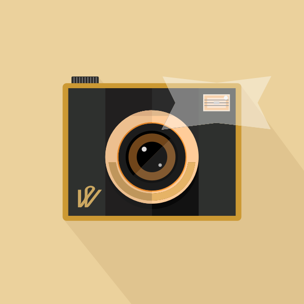 Vector image of retro camera with flash on brown background