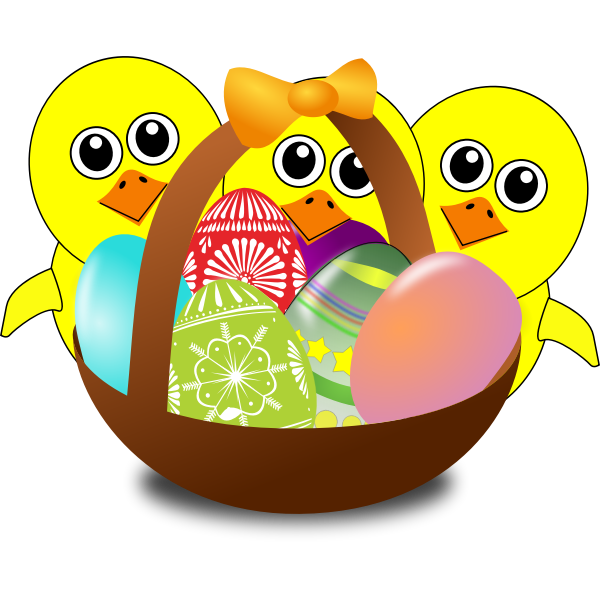 Cartoon chicks with Easter eggs in a basket vector image