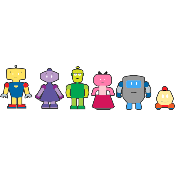 Vector graphics of colorful robot characters with outlines