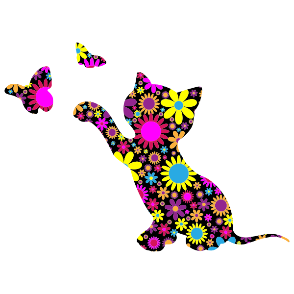 Floral Kitten Playing With Butterflies Silhouette
