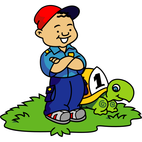 Vector clip art of boy and turtle about to race