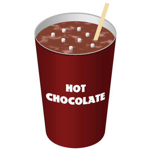 hot chocolate in a paper cup with mini-marshmallows and wooden stir stick.