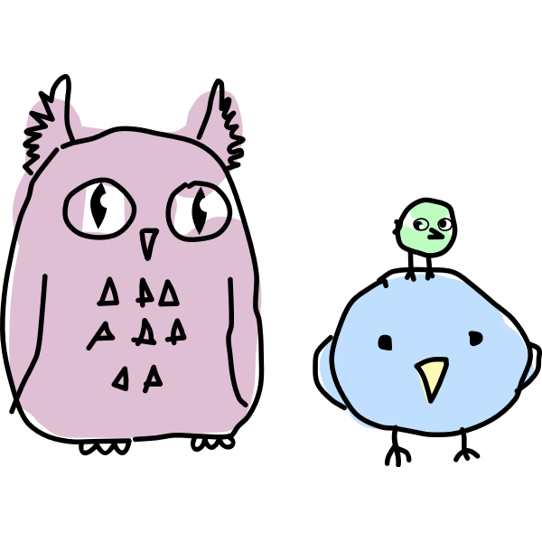 Owl and two birds cartoon drawing