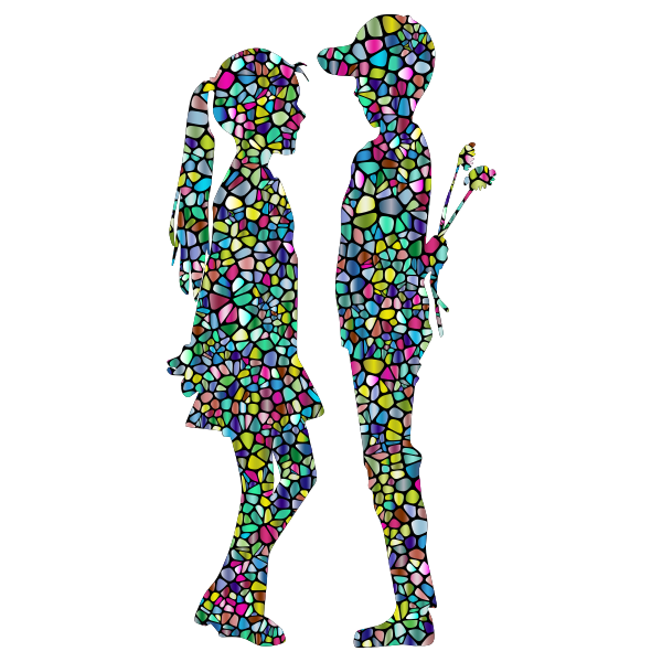 Polyprismatic Tiled Boy Giving Flowers To Girl Silhouette With Background