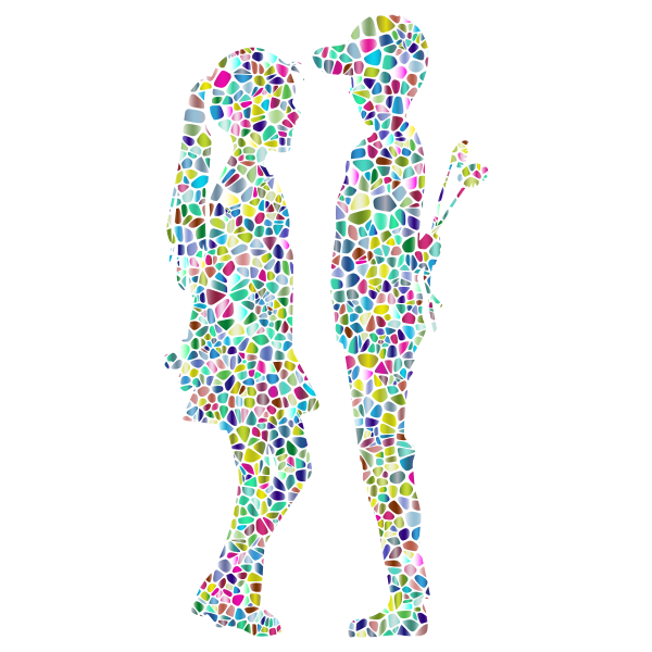 Polyprismatic Tiled Boy Giving Flowers To Girl Silhouette