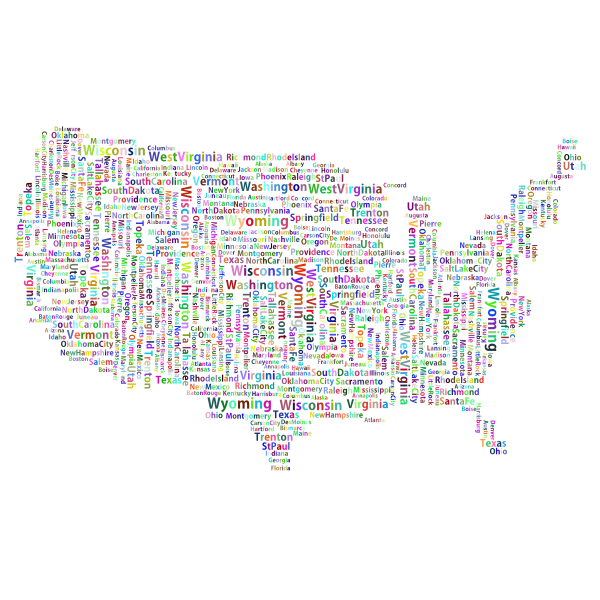 Prismatic America States And Capitals Word Cloud No Background