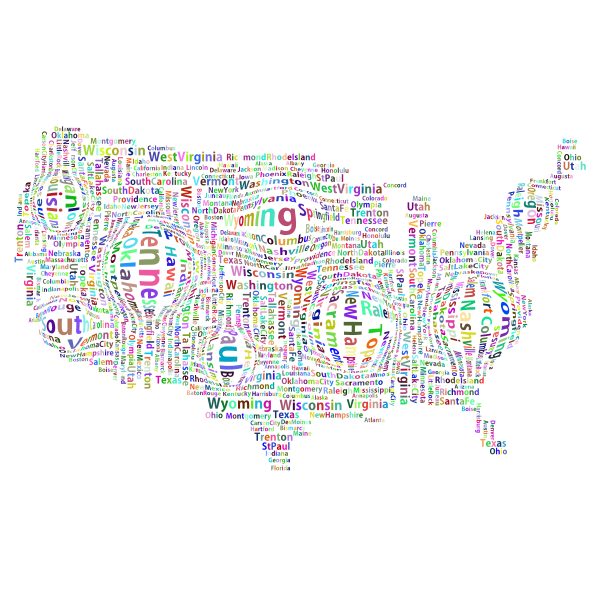 Prismatic Distorted America States And Capitals Word Cloud No Background