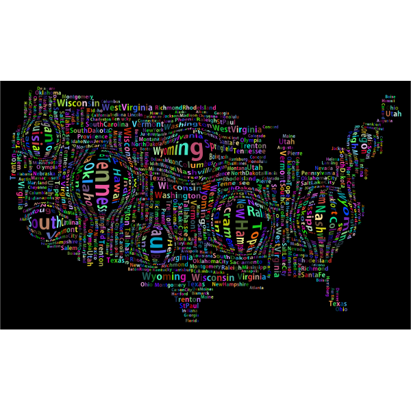 Prismatic Distorted America States And Capitals Word Cloud