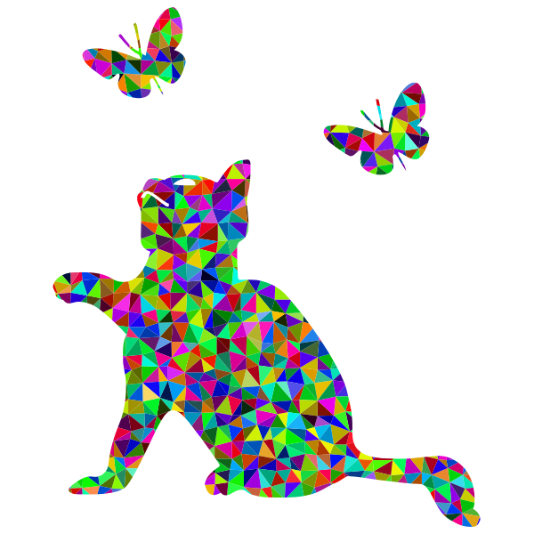 Prismatic Low Poly Kitten Playing With Butterflies