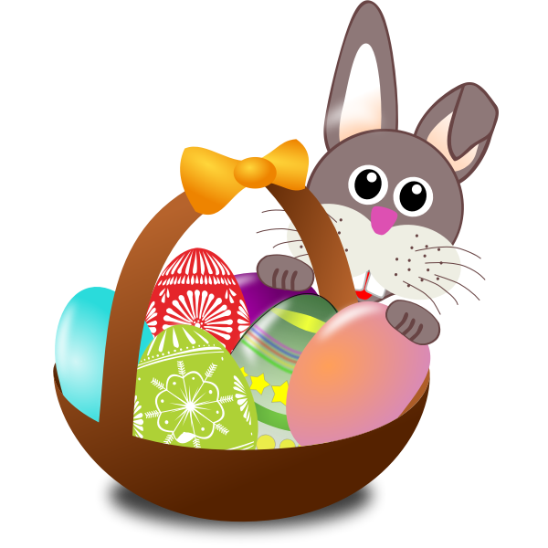 Bunny behind Easter eggs basket vector illustration