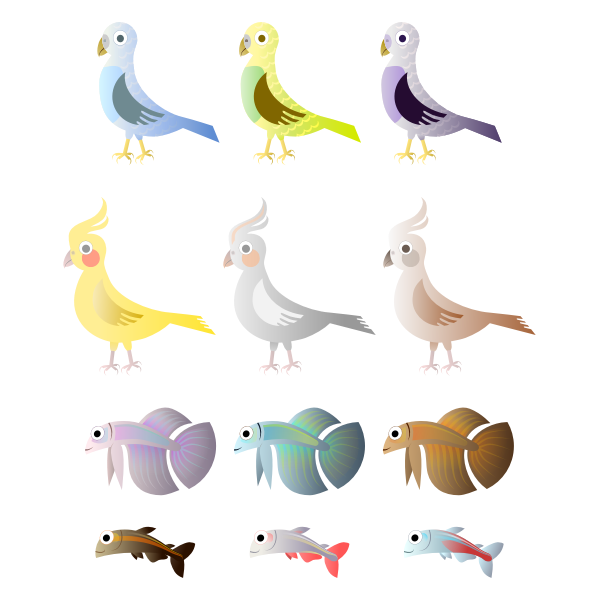 Simple birds and fishes color drawing