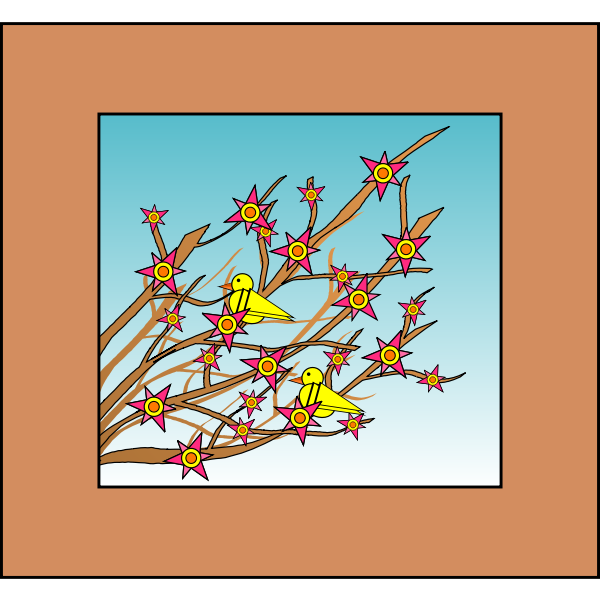 Yellow birds in tree branches with flowers image