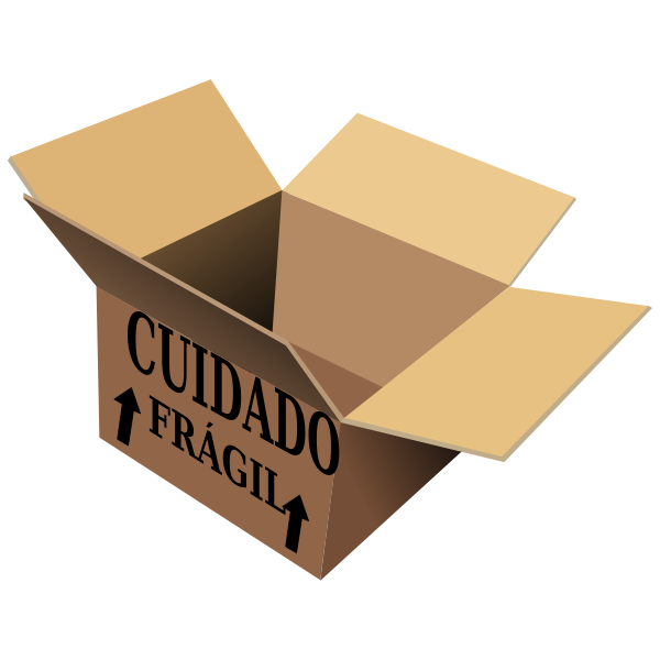 Vector image of open cardboard box with cuidado fragil sign on it