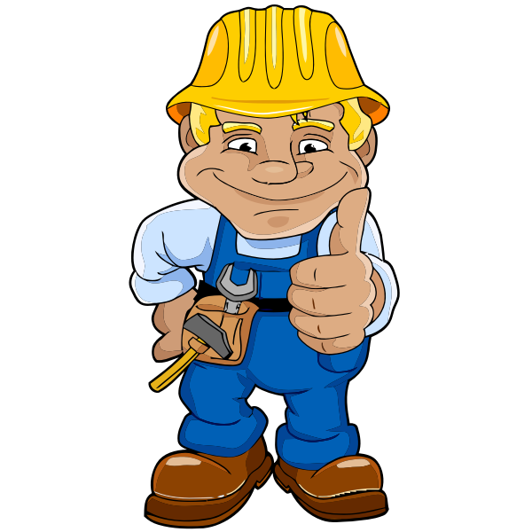 Vector drawing of construction man showing hands up