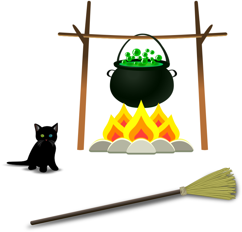 Black cat and cauldron