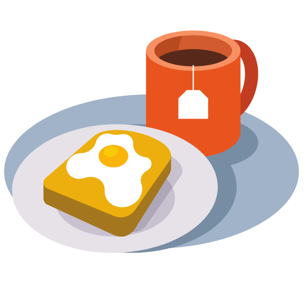 Breakfast meal with tea and eggs