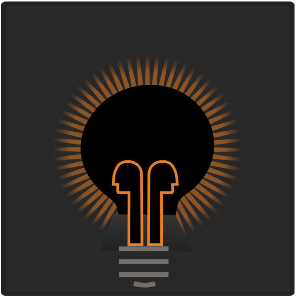 Illustration of two small heads in front of a glowing light bulb
