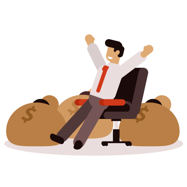 Businessman Relaxing on Chair Surrounded by Money Bags