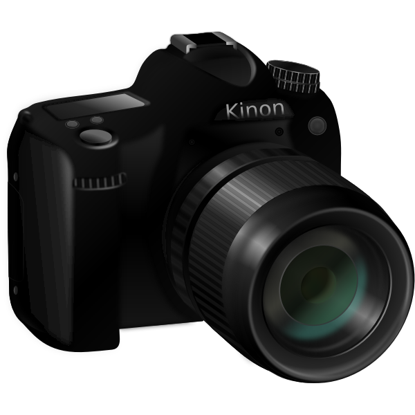 Photorealistic vector image of a professional camera with long lens