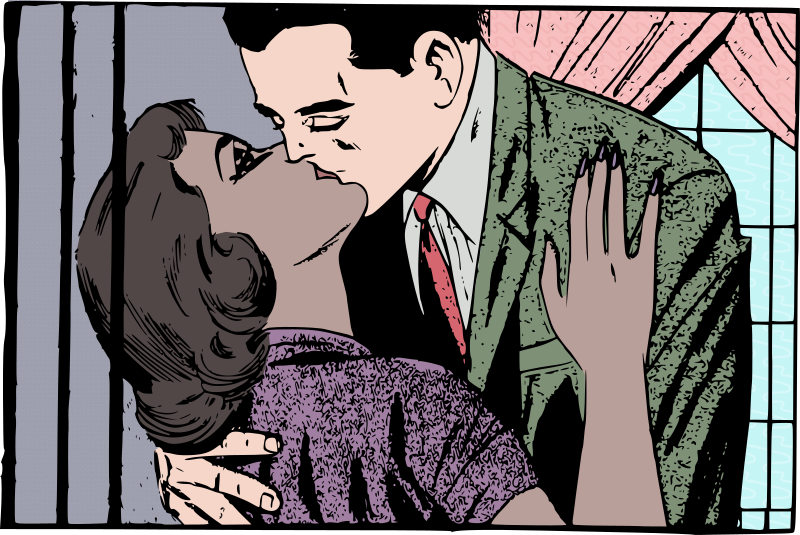 Comic book couple kissing