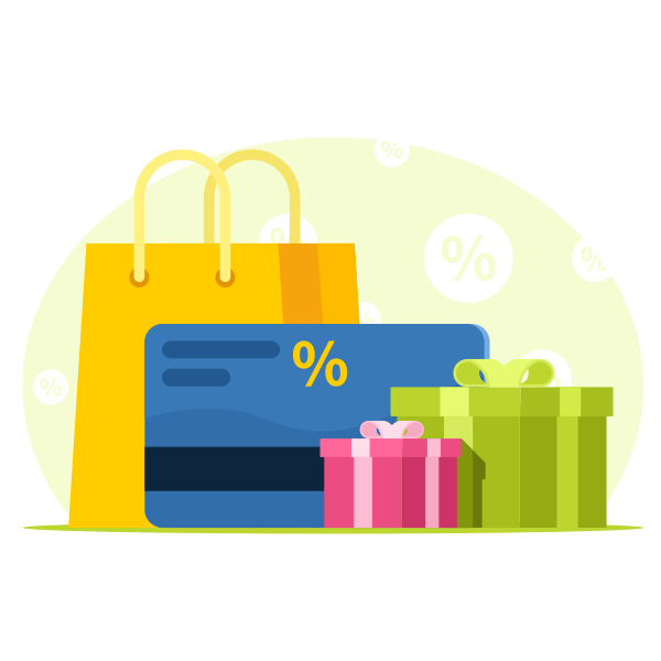 Shopping bag, credit card and gift boxes