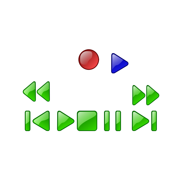 Clip art of stop, play, pause, skip, rewind, fast forward and eject buttons for a media player