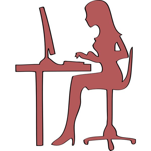 Silhouette of woman sitting at computer desk vector clip art