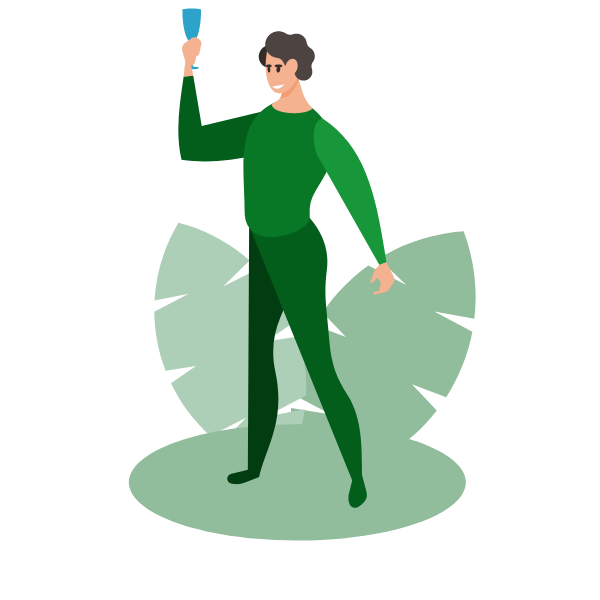 Green man cheering with a glass