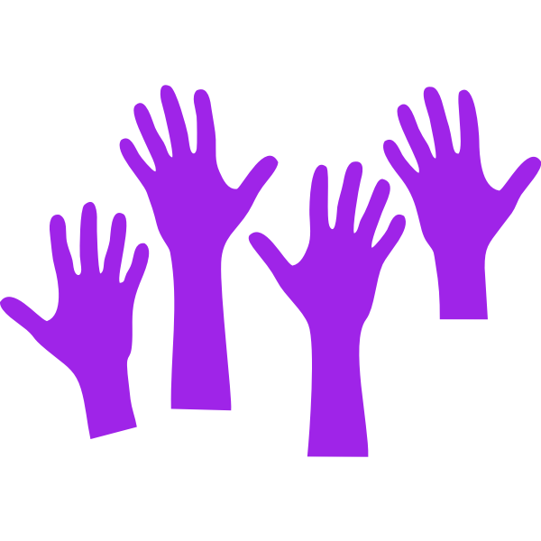 Four purple hands reaching upwards vector graphics