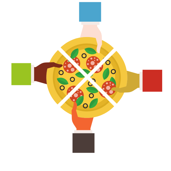 Hands reaching for pizza slices