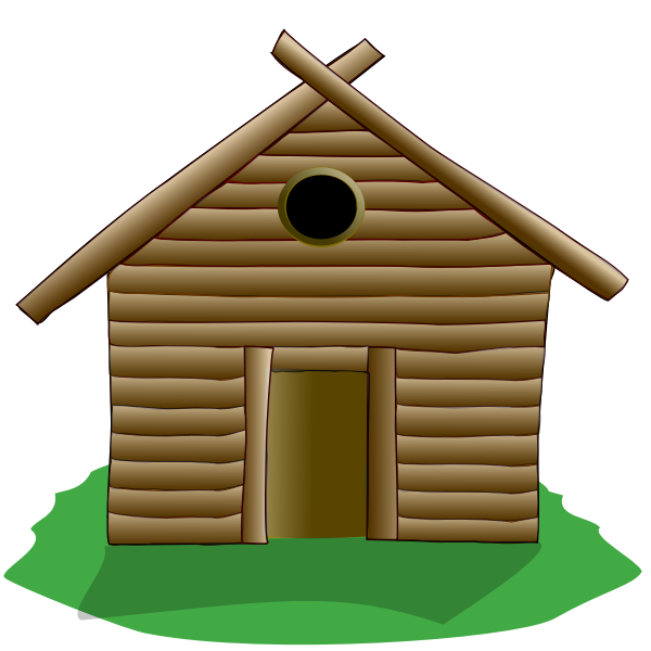 Illustration of wooden house surrounded by grass