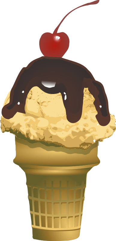 Ice cream cone with fudge and cherry