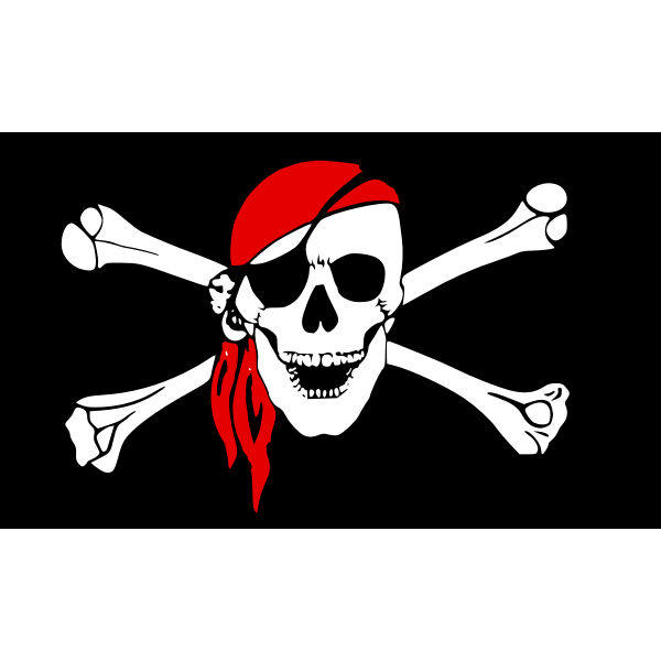Vector graphics of black pirate flag with smiling skull and bones
