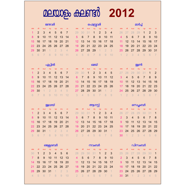 Malayalam Calender 2012
